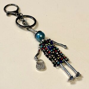 NEW Multicolor Rhinestone Doll Keychain / Bag Charm with Teal Bead, Silver Tone